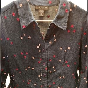 Women's Blue Denim Top Button-down Shirt With Red and White Floral Embroidery 1X